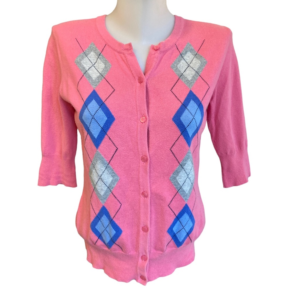 Merona Pink blue Grey Cotton Blend Argyle Cardigan sweater size M short sleeve